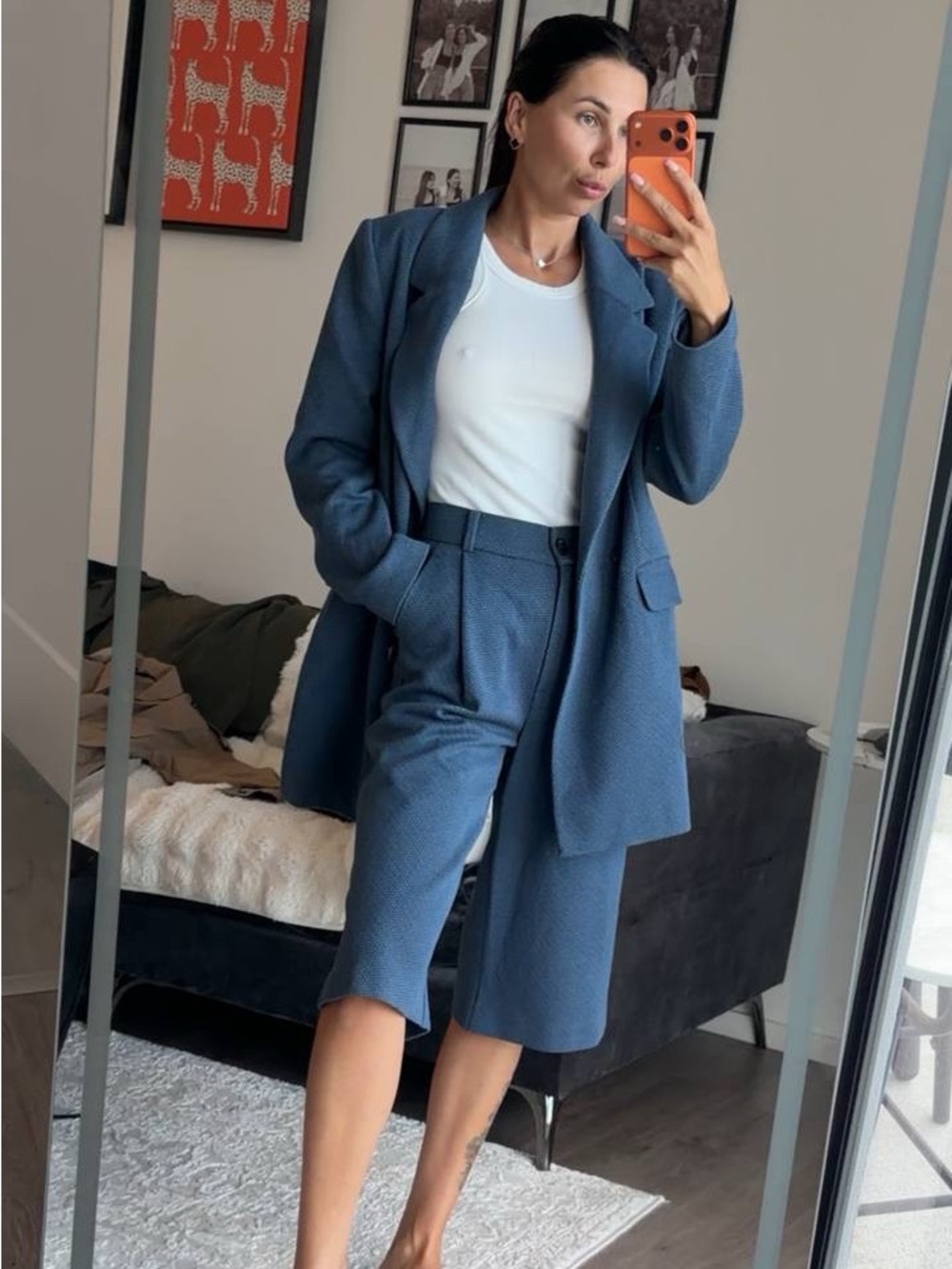 Textured Blue Longline Blazer Jacket